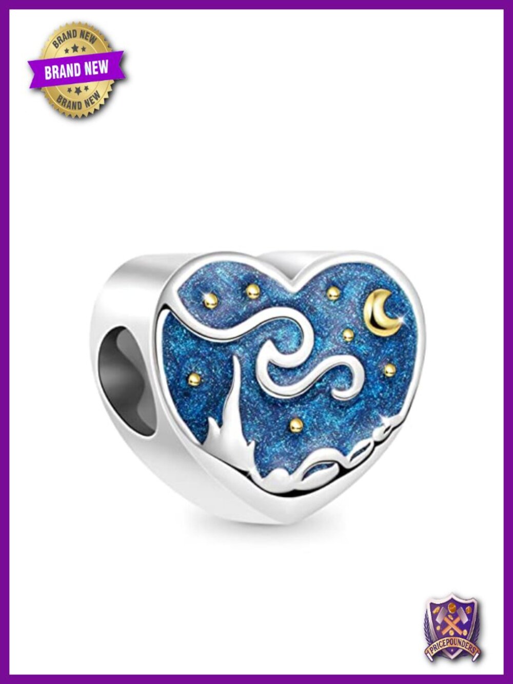 925 Sterling Silver Moon Star Heart Charm Bead - Double-Sided Blue Enamel Fit